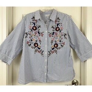 CROFT & BARROW - Blue Stripe Floral Embroidered 3/4 Sleeve 100% Cotton Blouse XL